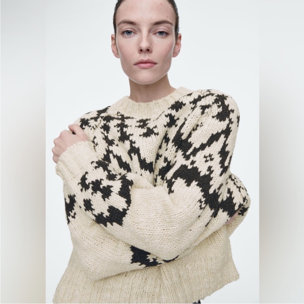 COS Fair Isle Chunky Crewneck Wool Sweater Cream Dark Grey Size XS - Picture 13 of 14